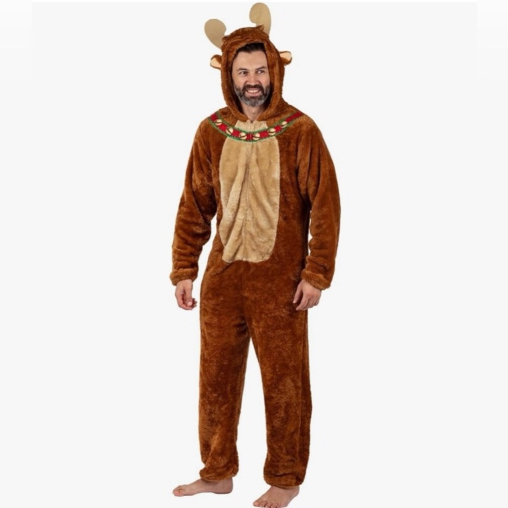 Adult Reindeer Deer Onesie Costume Brown Plush Halloween Christmas Pajama Sz M